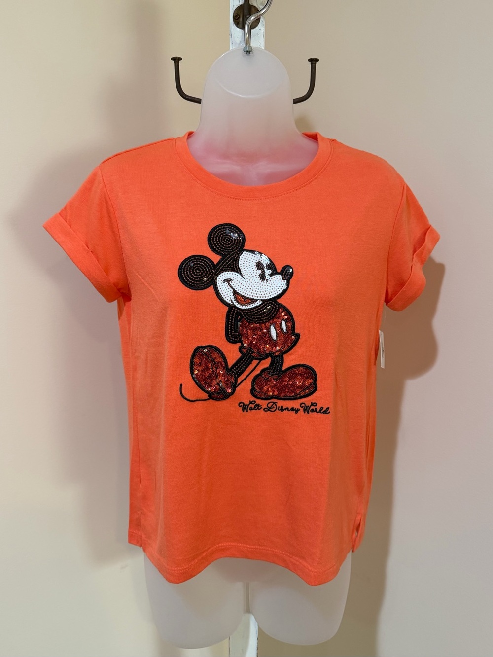 NEW DISNEY CLASSIC MICKEY MOUSE ORANGE SEQUINS CUFFED SLEEVE SHIRT IN SIZE XS